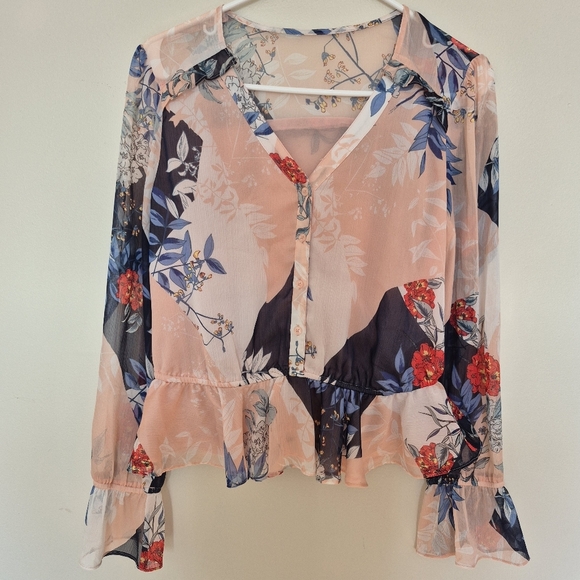 Guess Tops - Guess Women's Pink Feminine Boho Floral Chiffon Peplum Blouse Size S